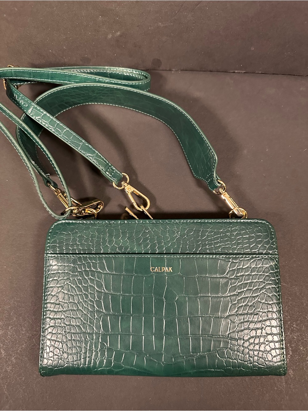 Calpak Travel Wallet Crossbody Bag in Green Croc Embossed